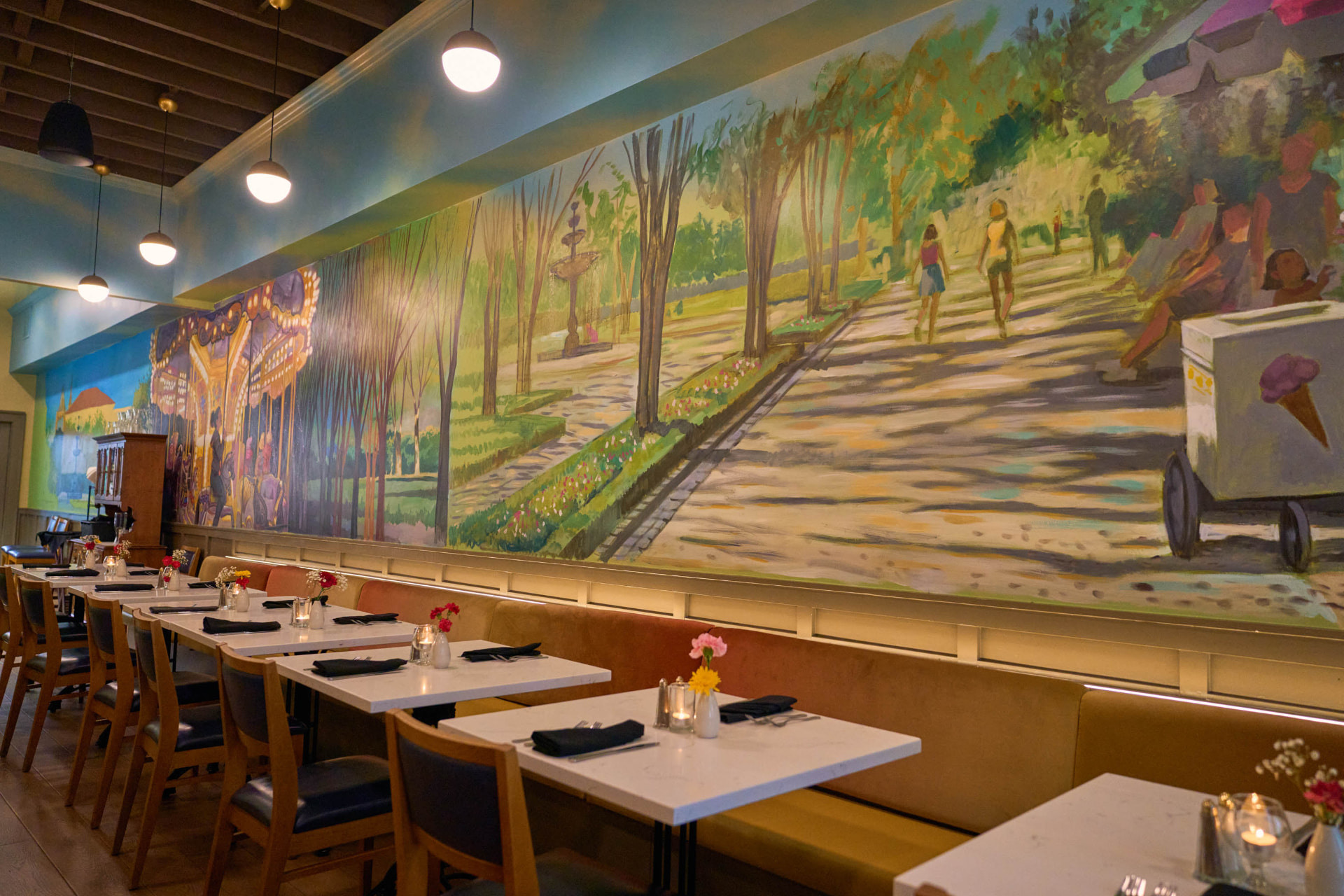 Hand-painted mural wall in the dining room at Eli's Table in downtown Charleston